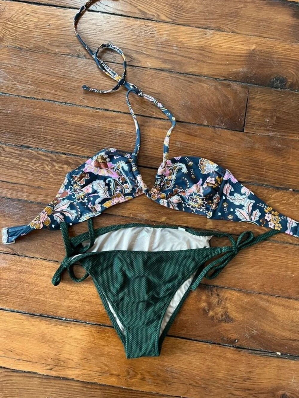 Shade & Shore Navy Floral Halter Top with Dark Green Tie-Side Bikini Bottoms